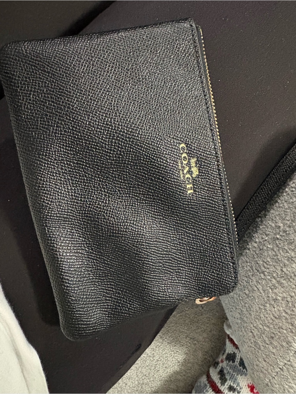 Coach Black Pebble Leather Zip Pouch with Gold Logo